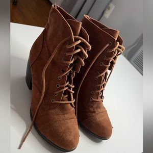 Tan suede lace up chunky heel booties